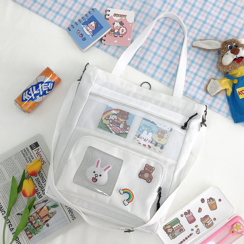 Korean Version Of The Small Fresh Spring Canvas Bag Cute Rabbit Head Pendant Backpack Student Supplementary Bag Large-Capacity Messenger Bag