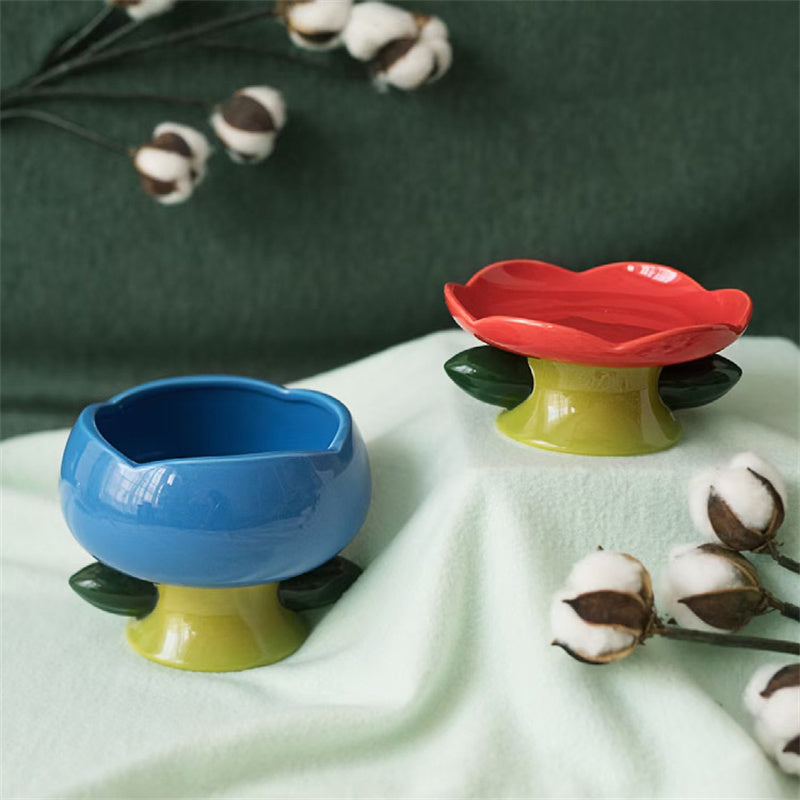 Cat Bowl Pet Flower Ceramic High Foot Food Bowl