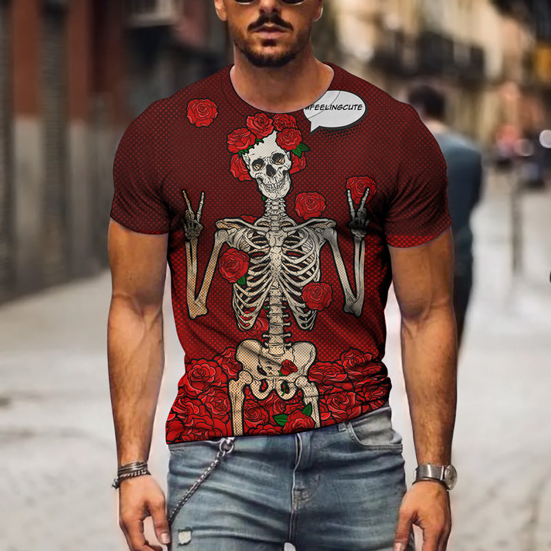 Men's Short Sleeve T-Shirt Summer Round Neck Horror Skull 3D Digital Printing Men's Print Fashion T-Shirt
