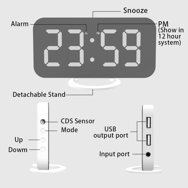 LED Alarm Clock Dual USB Output Mobile Phone Charging Snooze Mirror