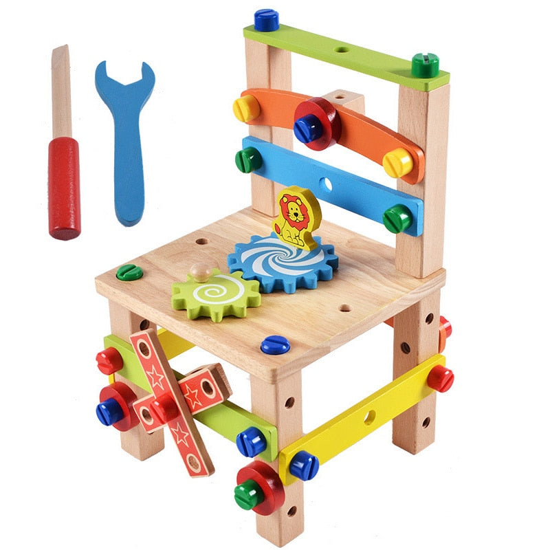 Wooden Assembling Chair Montessori Toys Baby Educational Wooden Toy Preschool Multifunctional Variety Nut Combination Chair Tool