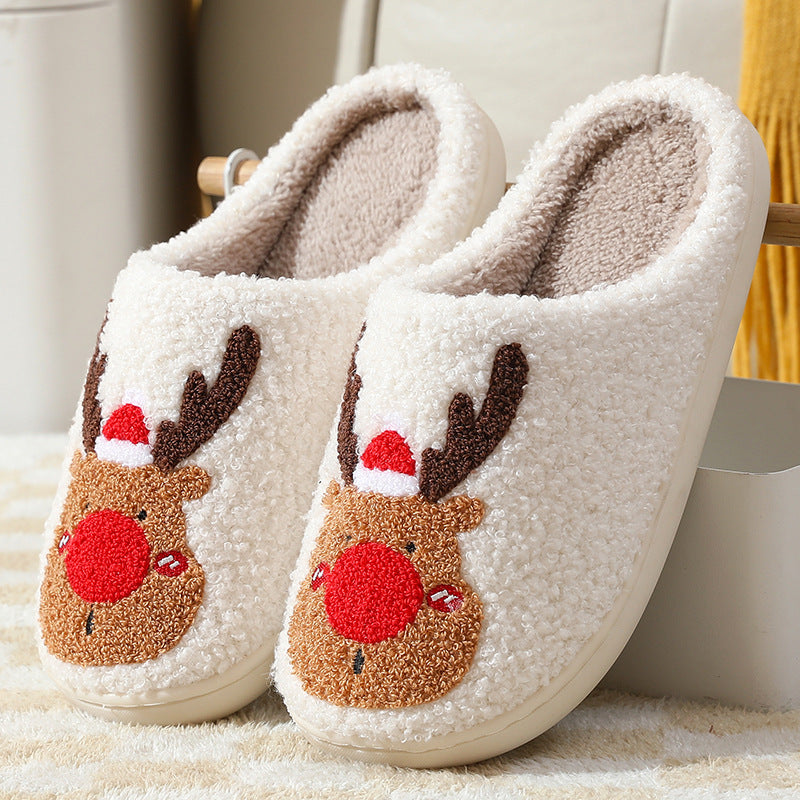 Christmas Elk Cotton Slippers for Women Autumn and Winter Home Couples Warmth Home Fur Slippers