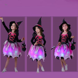 Girl Child LED Glow Light Witch Costume Cosplay Glowing Dress Carnival Birthday Party Gift Wizard Hat Halloween Costume for Kids