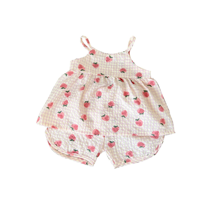 Baby Summer Full Print Bear Strawberry Sleeveless Suspender Top Shorts Two-Piece Cute Baby Summer Suit