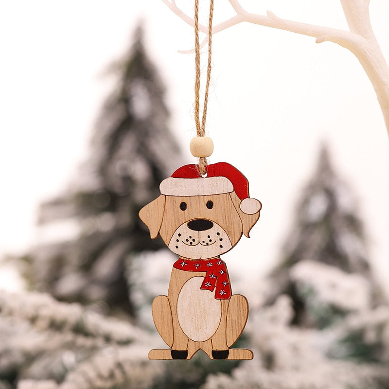 4pcs Creative Red Hat Dog Wooden Craft Christmas Tree Decor Pendant Ornament Merry Christmas Decoration for Home Navidad