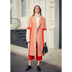 Show High Stitching Collision Color Niche Design Sense Double-Sided Wool Long Coat Female Winter