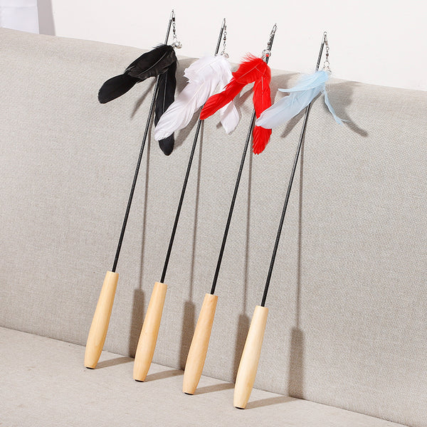 New Pet Products Wood Handle Carbon Fiber Rod Two Section Telescopic Cat Stick Monochrome Feather Bell Cat Toy