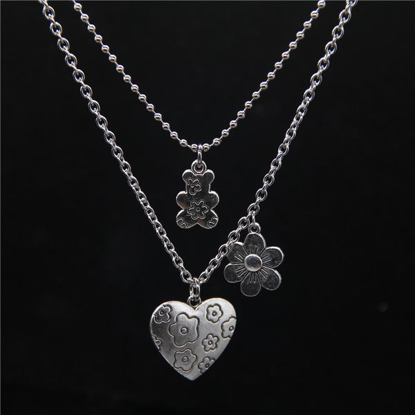 Punk Rock Flower Bear Heart Pendant Necklace Hip Hop Fashion Jewelry Cool For Women Girl Gifts Accessories Party Nightclub Gifts