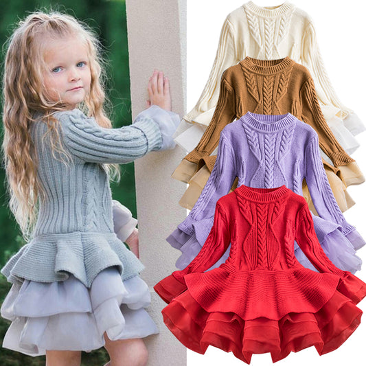 Winter Knitted Chiffon Girl Dress Christmas Party Long Sleeve Children Clothes Kids Dresses For Girls New Year Clothing