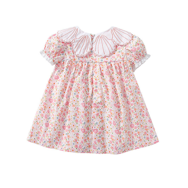 Princess Skirt Children Girl Baby Summer Pink Floral Girl Dress Shell Lace Collar Lady Go Out Skirt