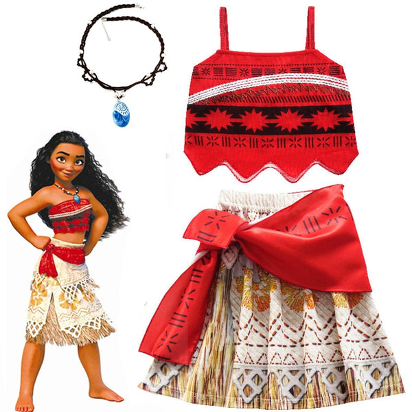 Girls Moana Cosplay Costume for Kids Vaiana Princess Dress Clothes with Necklace for Halloween Costumes Gifts for Girl