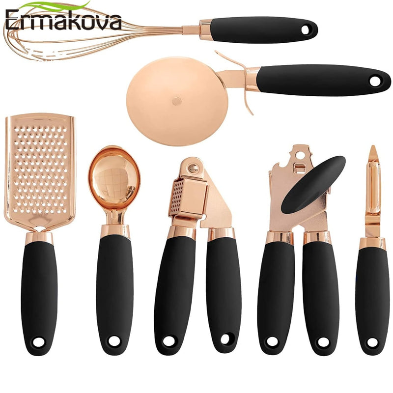 7 Pcs Kitchen Gadget Set Copper Coated Stainless Steel Utensils with Soft Touch Rose Gold Garlic Press Pizza Cutter