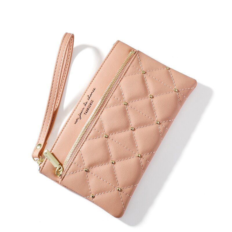 Brand Wristband Rivet Plaid Women Wallets Pu Leather Phone Pocket Card Holder Ladies Coin Purse Long Wallet Clutch Female Bag eprolo