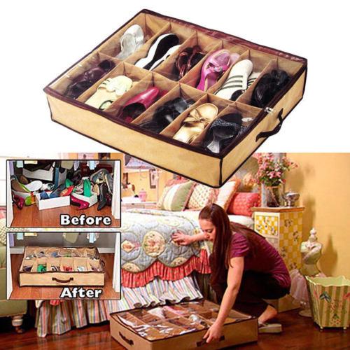 1PC Home Storage Shoe Organizers 12 Cells Under bed Bag Lattice Foldable Closet Drawer