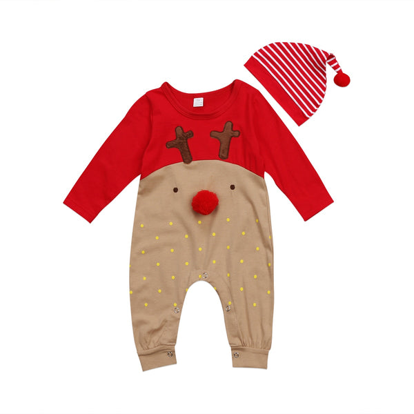 2Pcs Newborn Baby Boys Girl Christmas Rompers Long Sleeve Deer Romper Jumpsuit Hat Sleepwear Party Costume Baby Clothes