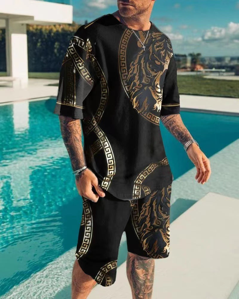 New Men's Korean Suit 3D Printing Trend Digital Printing Round Neck T-Shirt Casual Two-Piece Suit