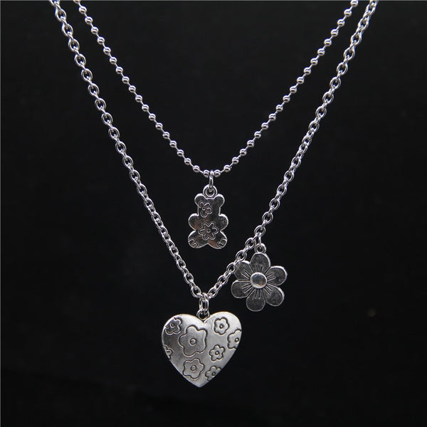 Punk Rock Flower Bear Heart Pendant Necklace Hip Hop Fashion Jewelry Cool For Women Girl Gifts Accessories Party Nightclub Gifts