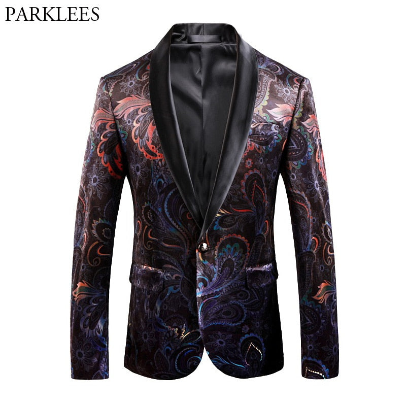 Blazer Men Luxury Print Shawl Collar Suit Jacket Men Wedding Dinner Party Stage Singer Costumes