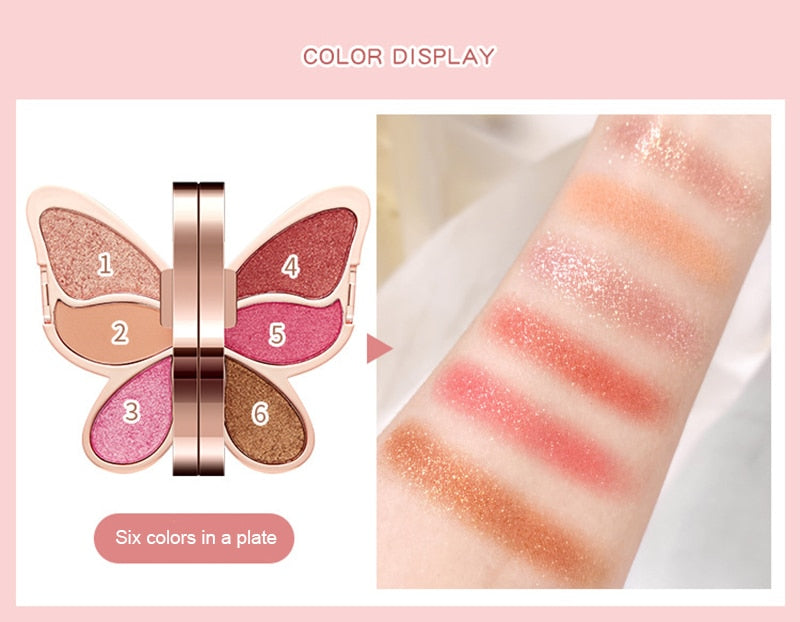 New Fashion 6 Colors Butterfly Eye Shadow Palette Glitter Shimmer Matte Eyes Makeup Waterproof Long-lasting Easy to Color TSLM2