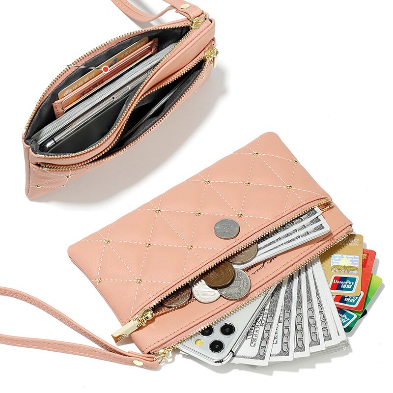 Brand Wristband Rivet Plaid Women Wallets Pu Leather Phone Pocket Card Holder Ladies Coin Purse Long Wallet Clutch Female Bag