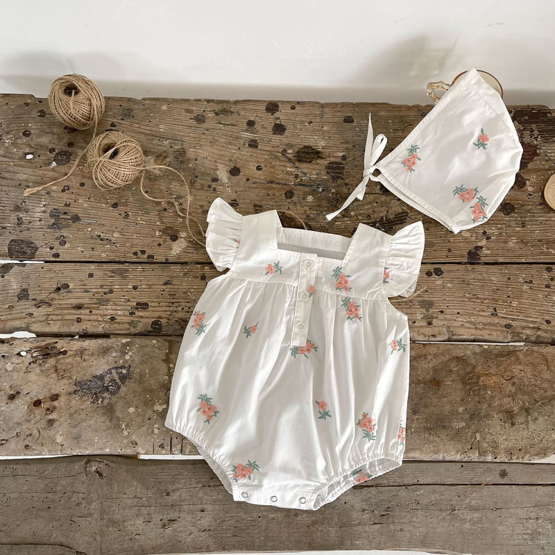 Summer Cotton Baby Flying Sleeve Romper Flower Embroidery Square-Neck Baby Girl's Jumpsuit Mori Romper