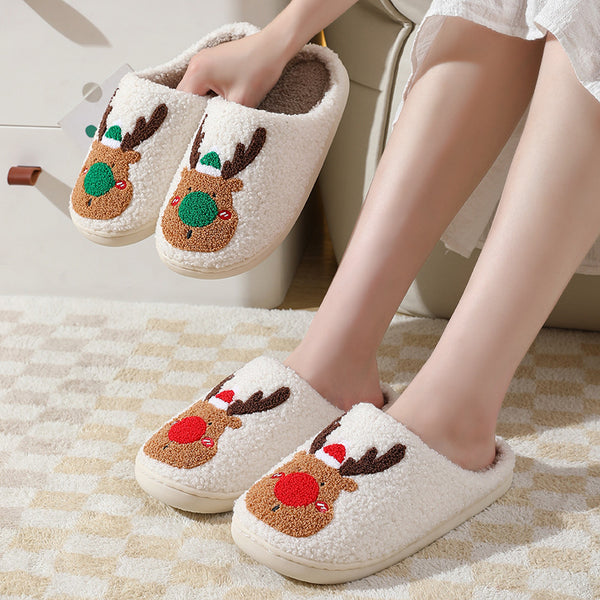 Christmas Elk Cotton Slippers for Women Autumn and Winter Home Couples Warmth Home Fur Slippers