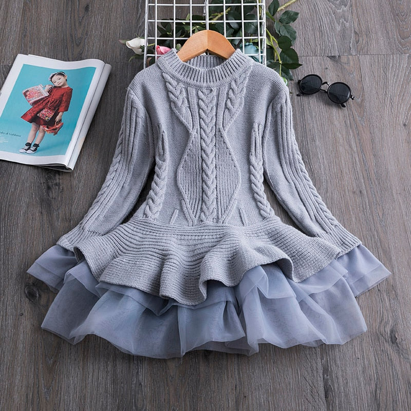Winter Knitted Chiffon Girl Dress Christmas Party Long Sleeve Children Clothes Kids Dresses For Girls New Year Clothing
