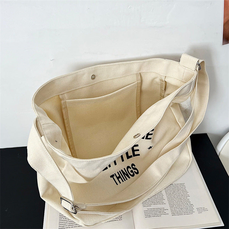 Simple Literary Canvas Bag Ins College Korean Style Women's Bag Large Capacity Shopping Bag Casual Shoulder Messenger Bag