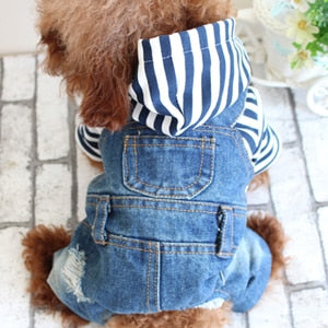 Denim Stripe Pet Dog Jumpsuits Puppy Cat Hoodie Jean Coat Four Feet Clothes For Small Dogs Teddy Yorkies Sweatshirt DOGGYZSTYLE