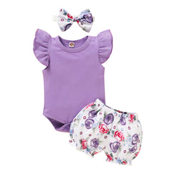 3PCS Infant Kid Baby Girl Fly Sleeve Purple Romper+Flowers Print Shorts Headband Summer Outfit Set age 0-18M