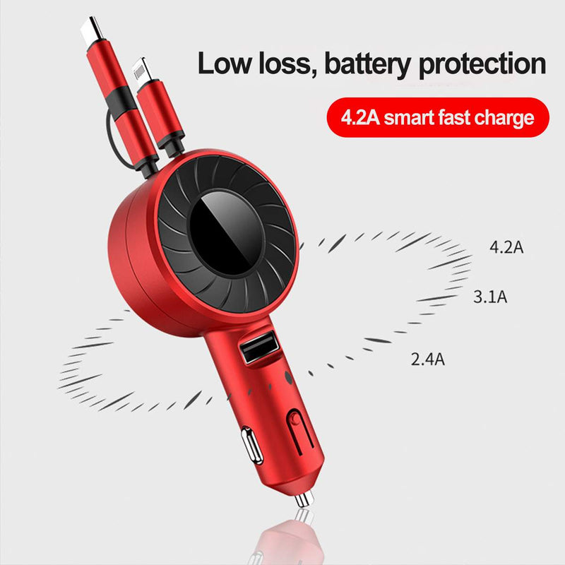 3-IN-1 Car Charger Mobile Phone  Adapter For IOS/Android/Type-C USB Retractable Charging Cable 4.2A Fast Charing For Truck