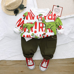 Children's Clothing Handsome Boy Suit Long Sleeve Full Print Animal New Trousers Two-Piece Korean Style