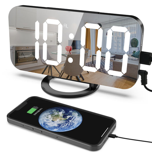 LED Alarm Clock Dual USB Output Mobile Phone Charging Snooze Mirror