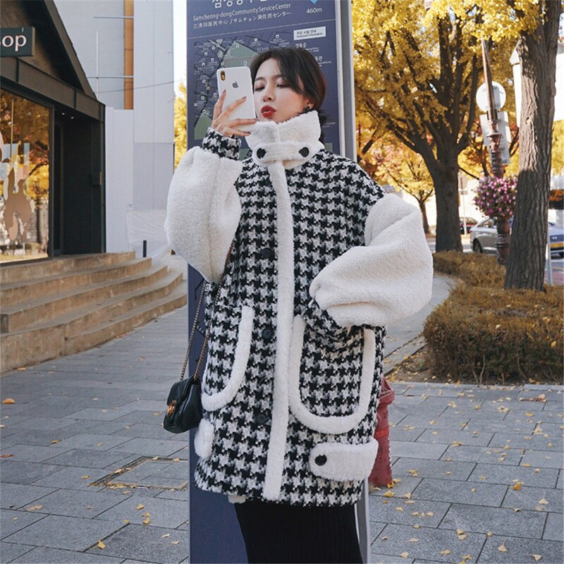 Houndstooth Coat Women's Short Woolen Autumn And Winter New Korean Version Thickened Wild Lamb Wool Coat