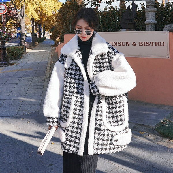 Houndstooth Coat Women's Short Woolen Autumn And Winter New Korean Version Thickened Wild Lamb Wool Coat