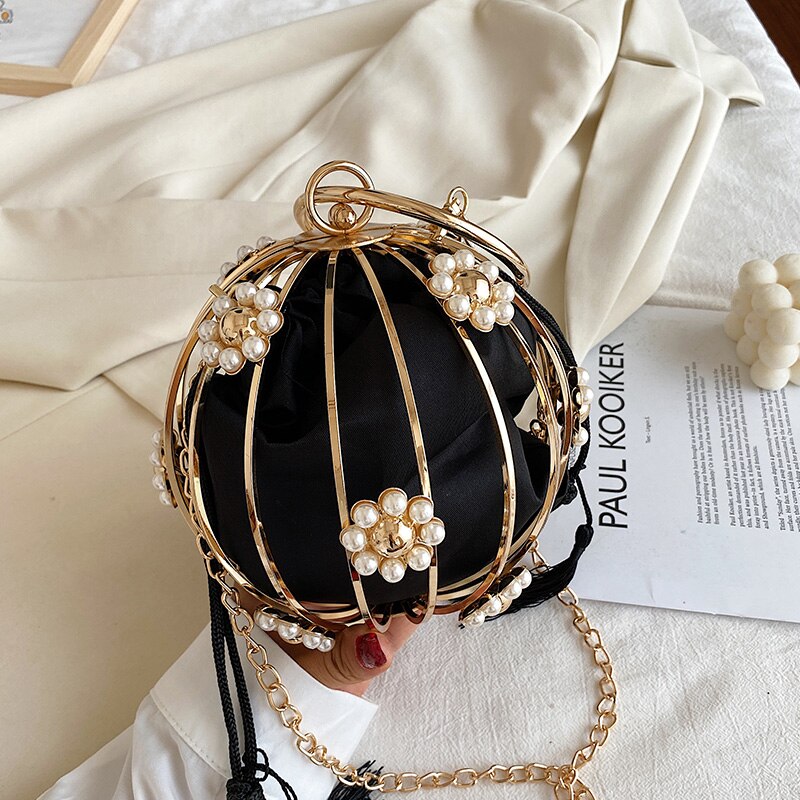 Luxurious Diamond Pearl Flower Metal Ball Women Party Evening Bag Ladies Pueses and Handbags Crossbody Chain Bag Designer Bag