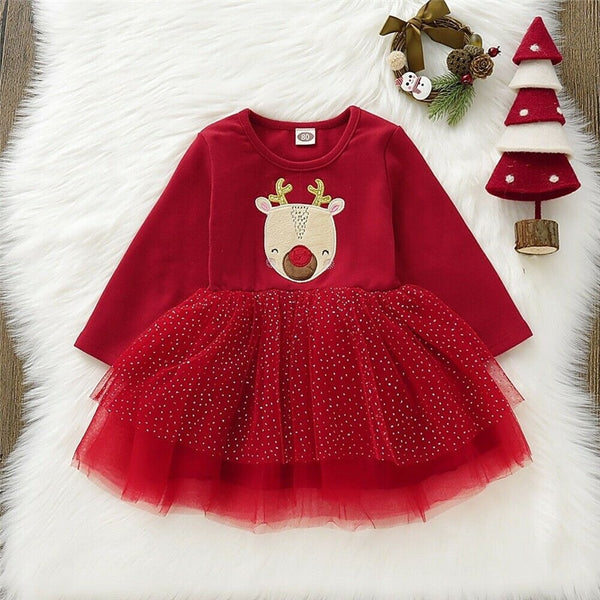 Toddler Kid Baby Girl Xmas Elk DeerClothes Long Sleeve Lace Tutu Tulle Princess Dress Christmas Long Sleeve Warm Gown Dresses