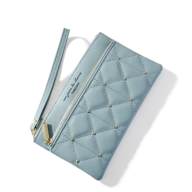 Brand Wristband Rivet Plaid Women Wallets Pu Leather Phone Pocket Card Holder Ladies Coin Purse Long Wallet Clutch Female Bag eprolo