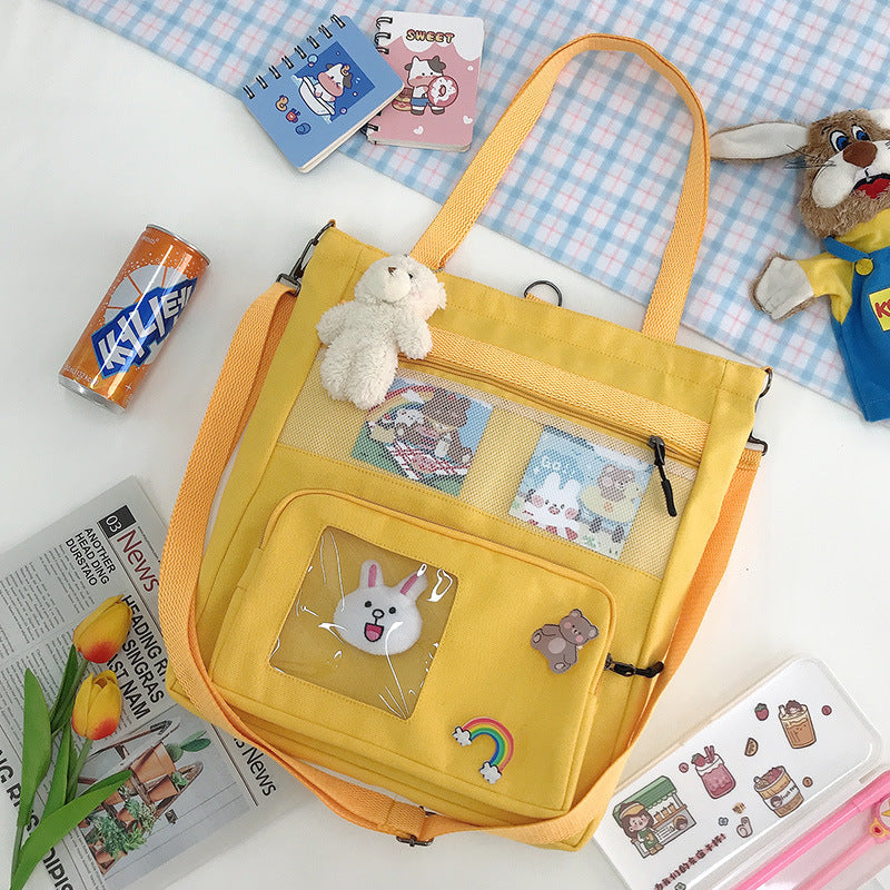 Korean Version Of The Small Fresh Spring Canvas Bag Cute Rabbit Head Pendant Backpack Student Supplementary Bag Large-Capacity Messenger Bag