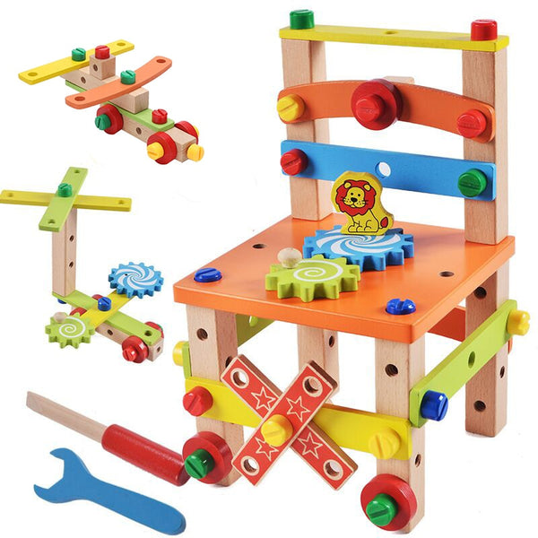Wooden Assembling Chair Montessori Toys Baby Educational Wooden Toy Preschool Multifunctional Variety Nut Combination Chair Tool