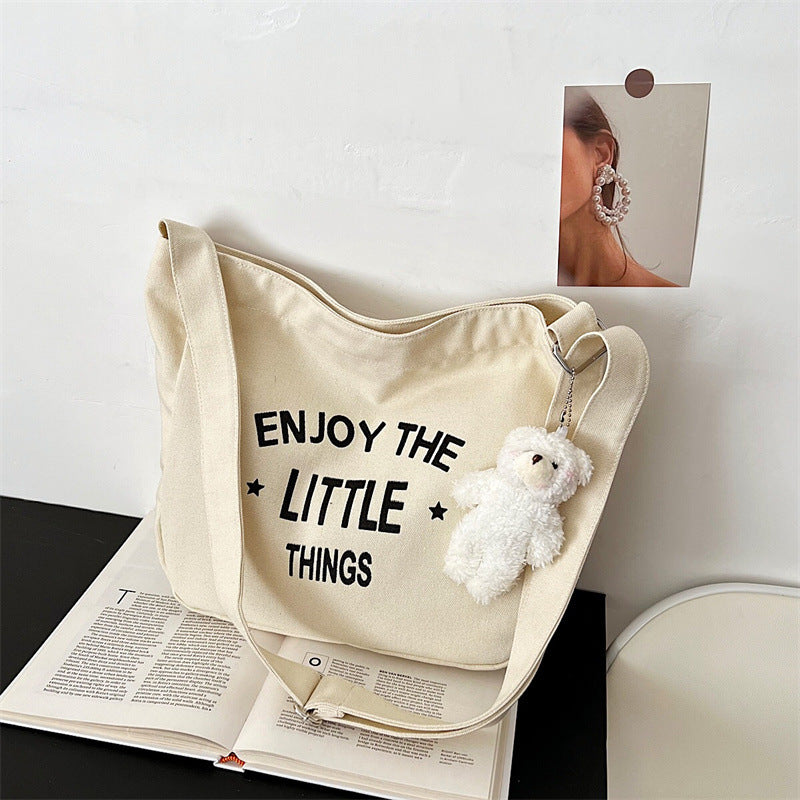 Simple Literary Canvas Bag Ins College Korean Style Women's Bag Large Capacity Shopping Bag Casual Shoulder Messenger Bag