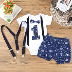 Newborn Baby Boys Gentleman Clothing Set Short Sleeve Letter Romper Tops Straps Shorts Outfits 1st Birthday Clothes for Babies