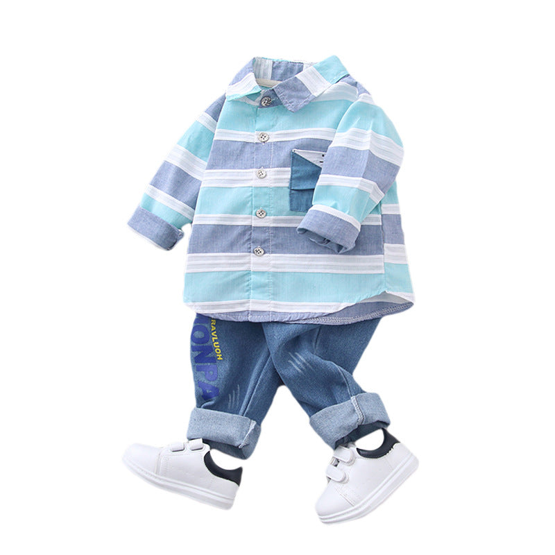 Fashion baby boys clothes spring children clothing gentleman baby boy striped shirt+jeans 2pcs set Newborn baby boy clothes