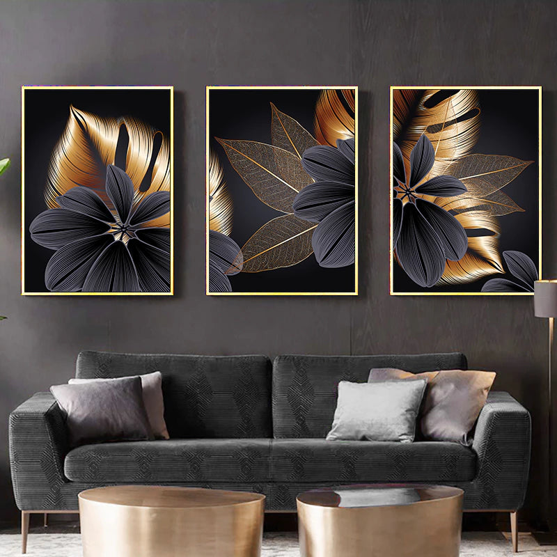 Black Golden Plant Leaf Canvas Art (3-Piece)