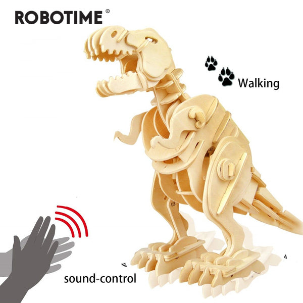 Robotime Creative DIY 3D Walking T-rex Wooden Puzzle Game Assembly Sound Control Dinosaur Toy Gift for Children Adult D210
