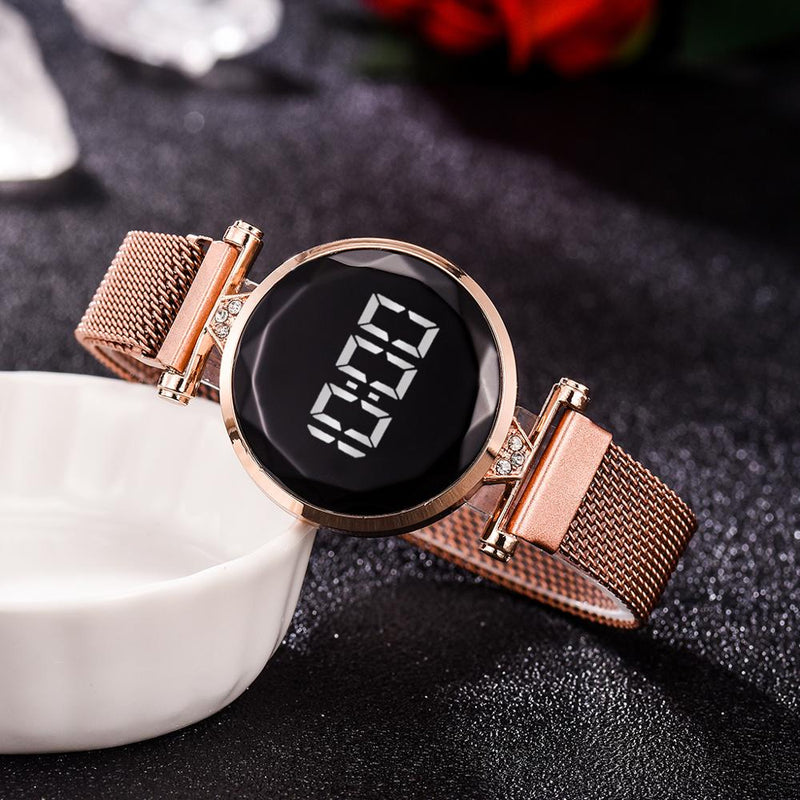 Luxury Digital Magnet Watches For Women Rose Gold Stainless Steel Dress LED Quartz Watch Female Clock Relogio Feminino Drop Ship