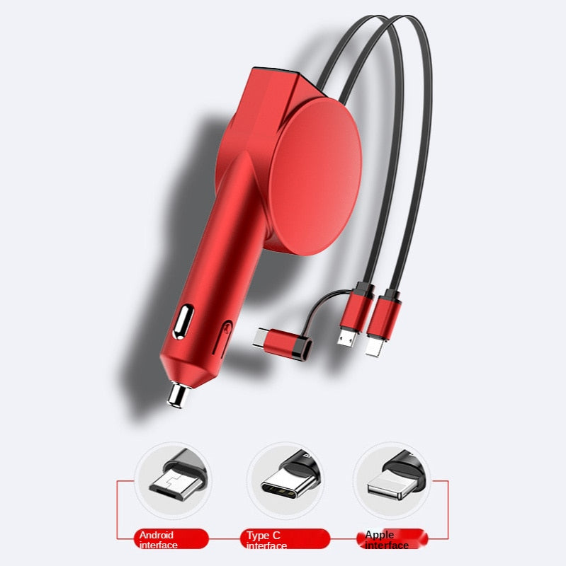 Vogek 3-in-1 Car Charger 60W Super Fast Charging for iPhone Xiaomi Huawei Samsung with Telescopic Charging Cables and Adapters
