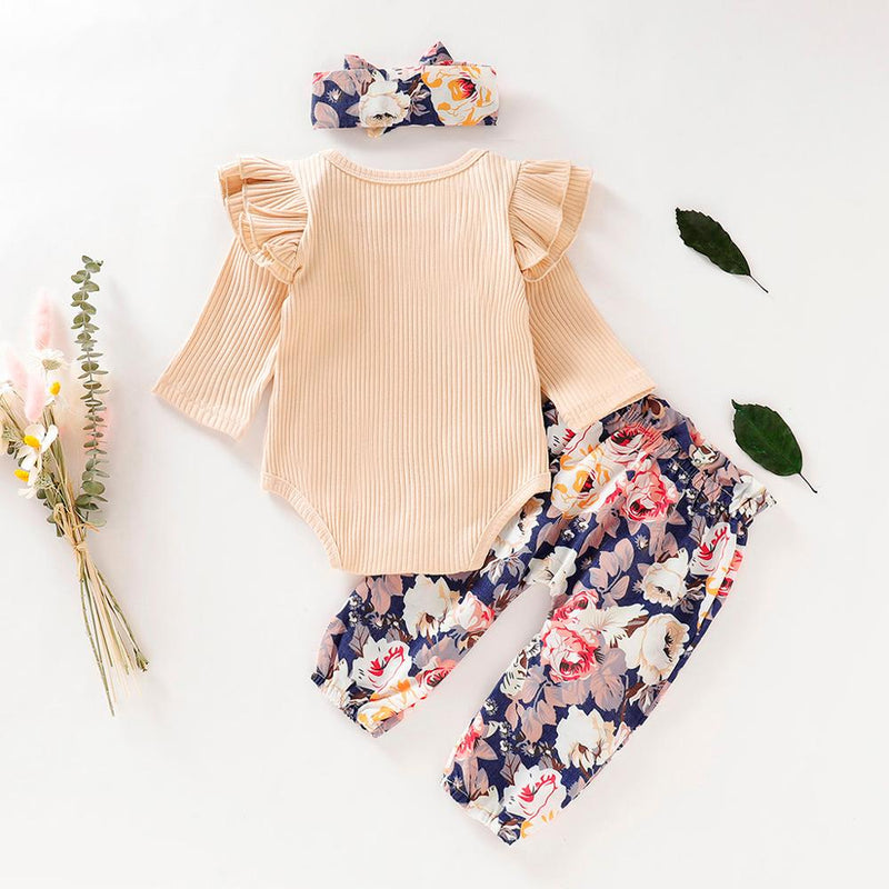 Cute Baby Girl Clothes Hot Sale Infant Long Sleeve Ruffles Solid Romper+Floral Pants+Headband Outfits Toddler Girl Clothes bebes