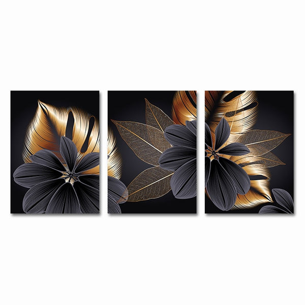 Black Golden Plant Leaf Canvas Art (3-Piece)