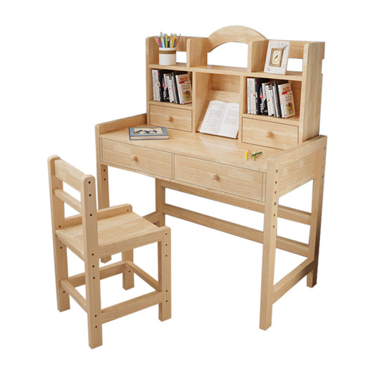 Wooden Student Desk And Chair Set With Drawers And Bookshelves Adjustable Height